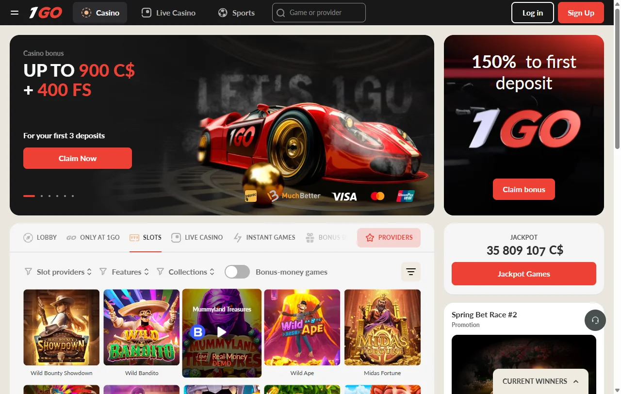 Startseite von 1Go Casino mit Bereichen für Live-Spiele und Sportwetten