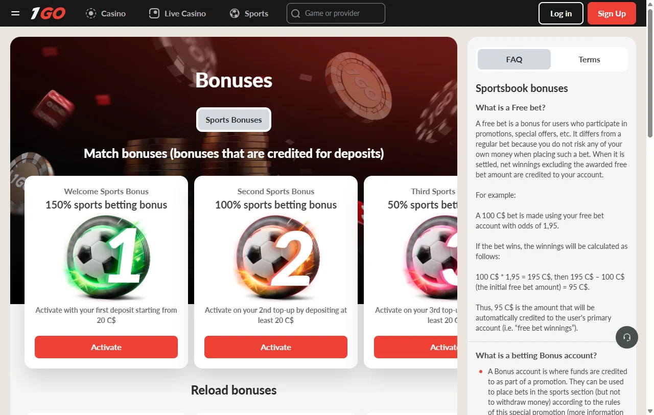Spielelobby von 1Go Casino mit rund 8.300 Slots und Studiofiltern