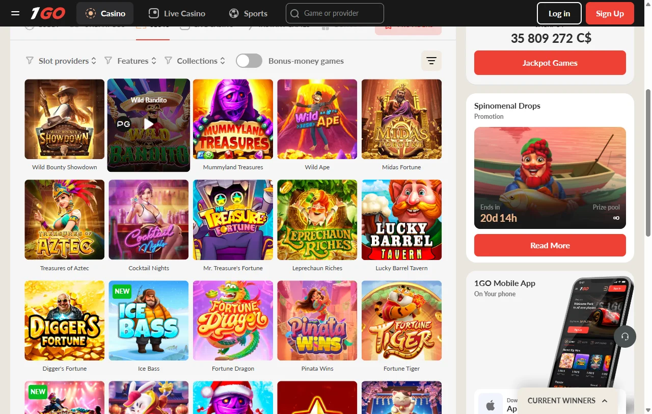 Bonusbereich von 1Go Casino mit Willkommenspaket und wöchentlichem Cashback