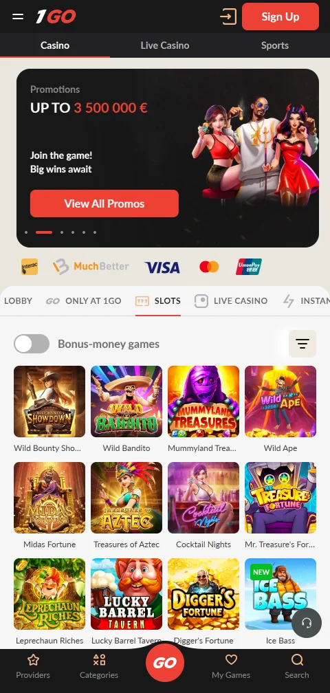 Mobile Browser-Version von 1Go Casino auf einem Android-Smartphone im Hochformat