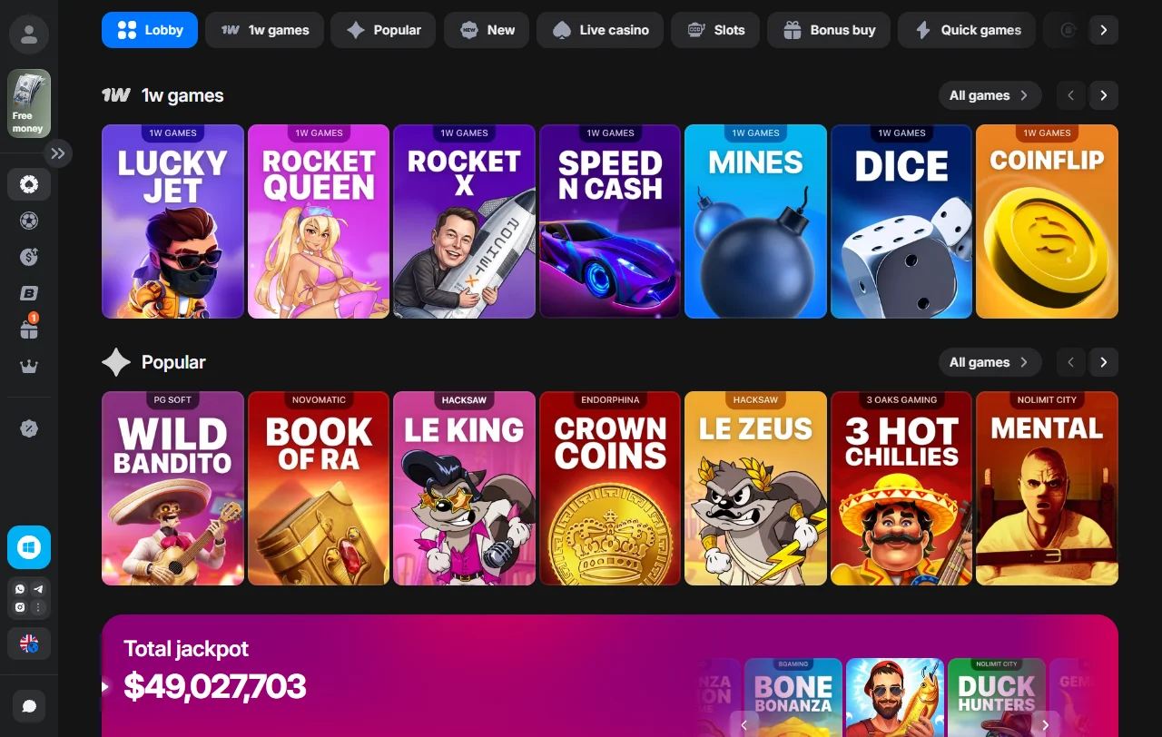 1win Casino Spieleangebot mit über 11.000 Titeln von mehr als 100 Studios