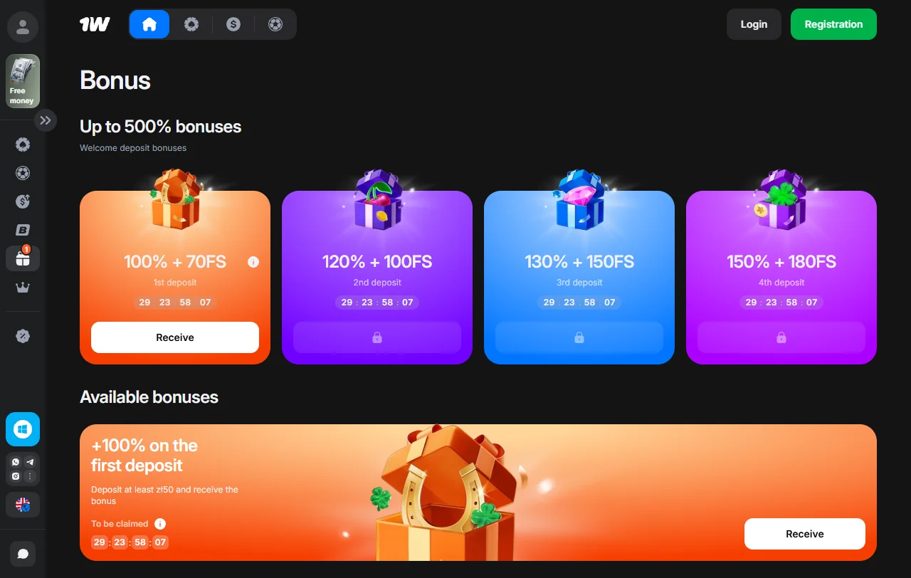 1win Casino Willkommenspaket mit vier Einzahlungsstufen und bis zu 500 Freispielen