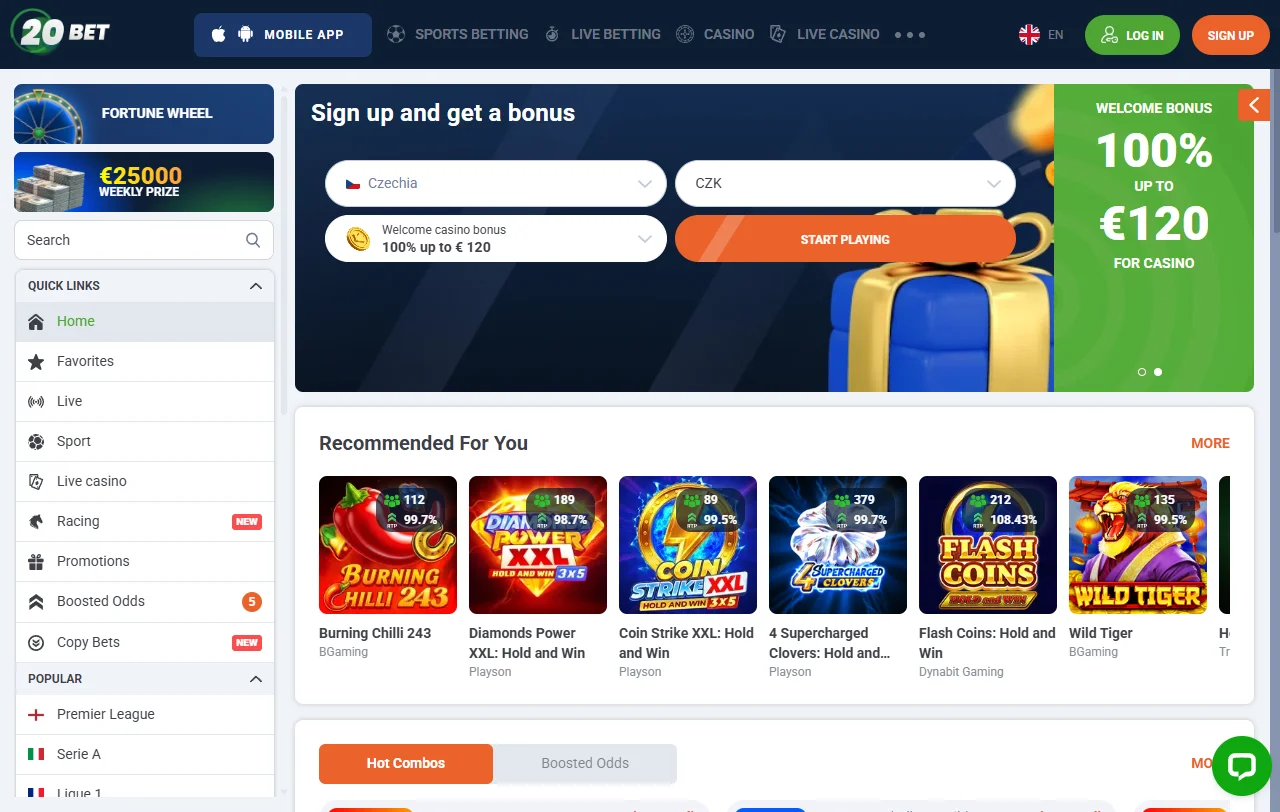 20bet Startseite mit Casino und Sportwetten unter einem gemeinsamen Konto
