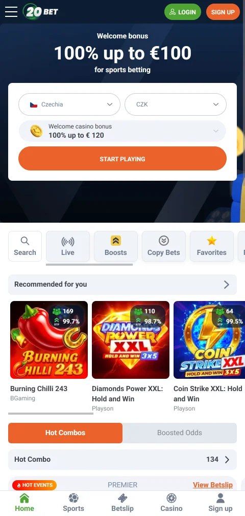 20bet mobile Browserversion mit Spiellobby und Live-Tischen von Evolution