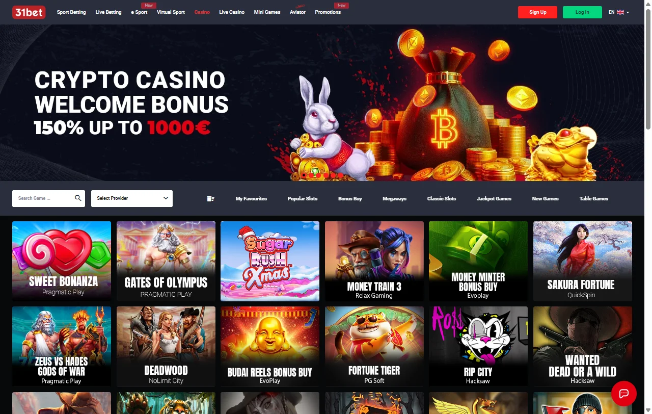 Slot-Lobby von 31bet Casino mit Spielen von Pragmatic Play und NetEnt