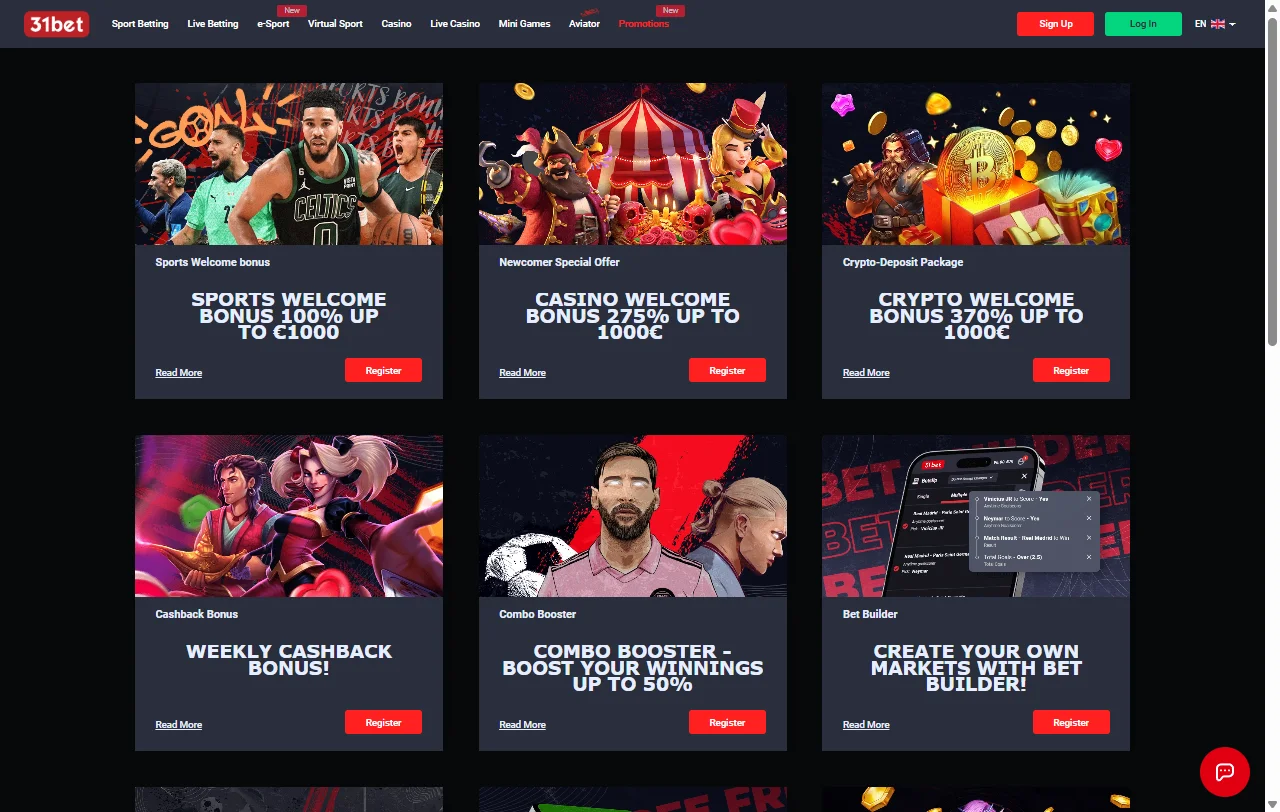 31bet Casino Willkommensbonus mit 100 % bis 500 € und Free Spins