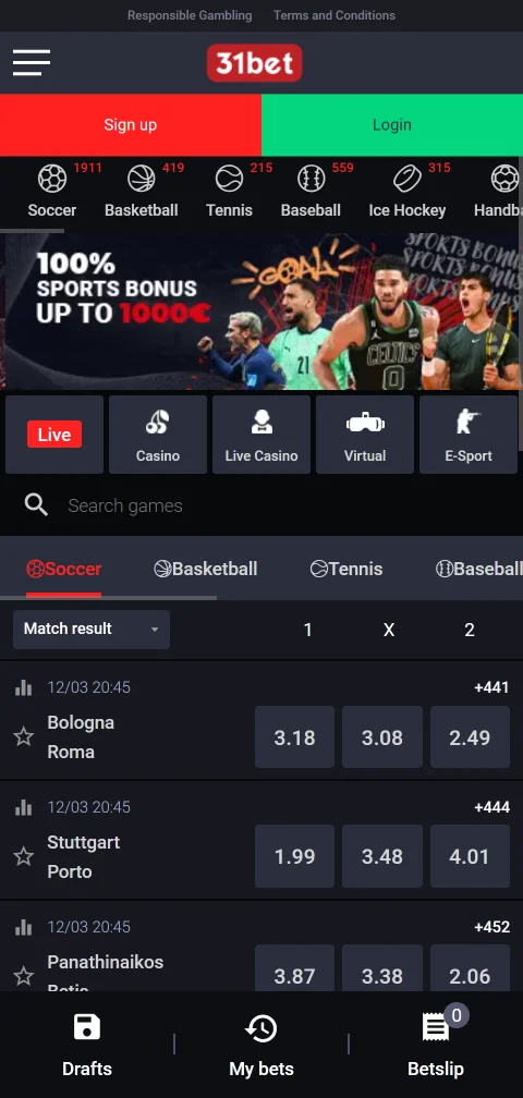 31bet Casino mobile Browserversion auf dem Smartphone ohne native App