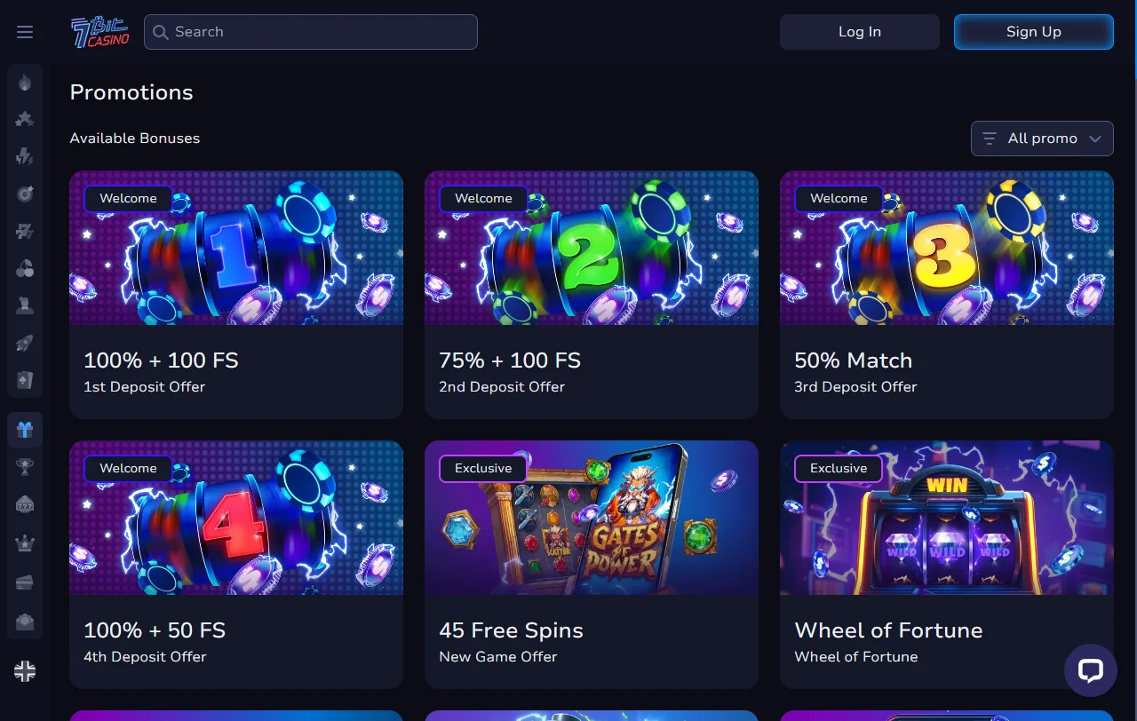 Willkommenspaket von 7Bit Casino mit vier Einzahlungsstufen und Bonuscodes