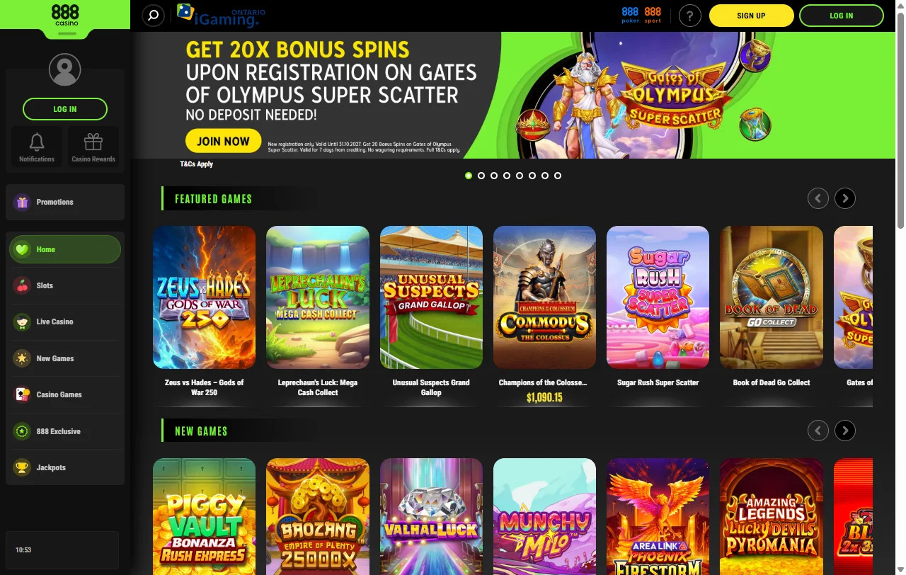 Startseite von 888 Casino mit Lobby und Zugang zu Aktionen für Österreich