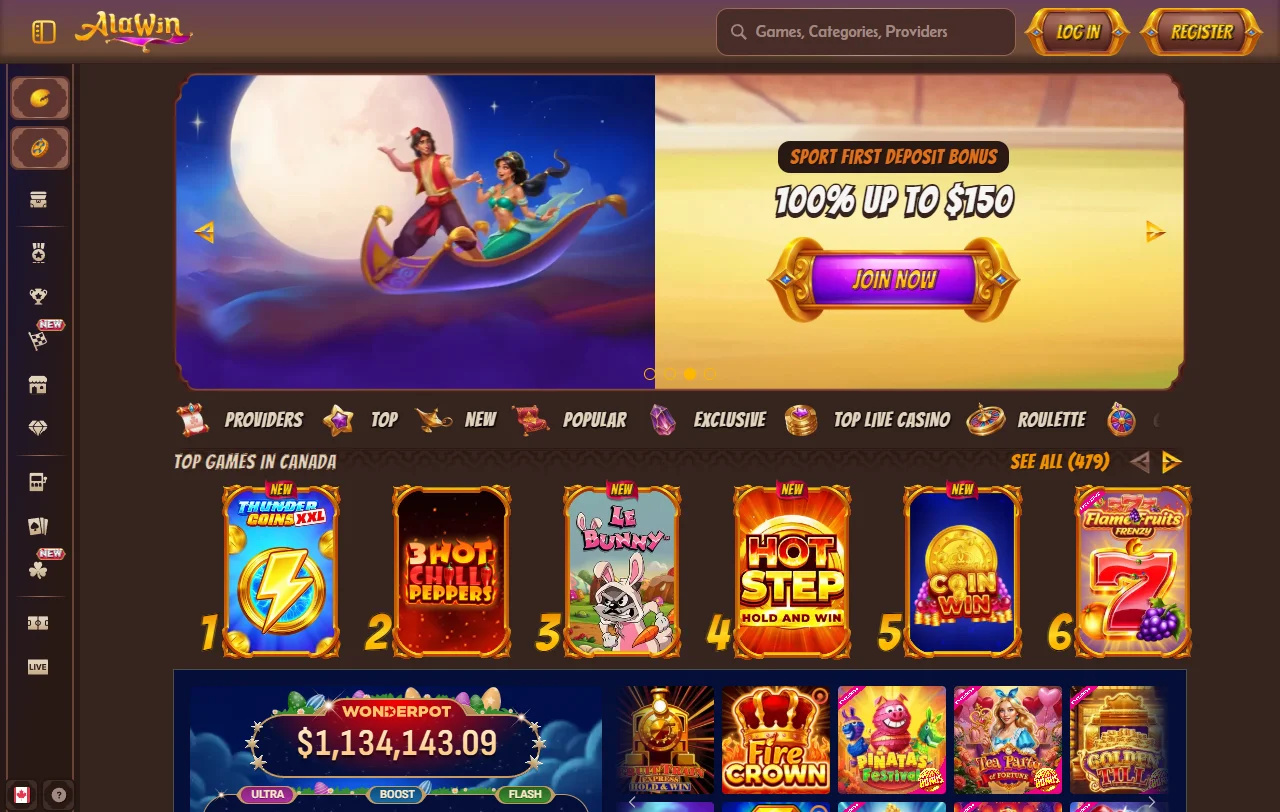 Startseite von Alawin Casino mit Casino, Live Casino und Sportwetten