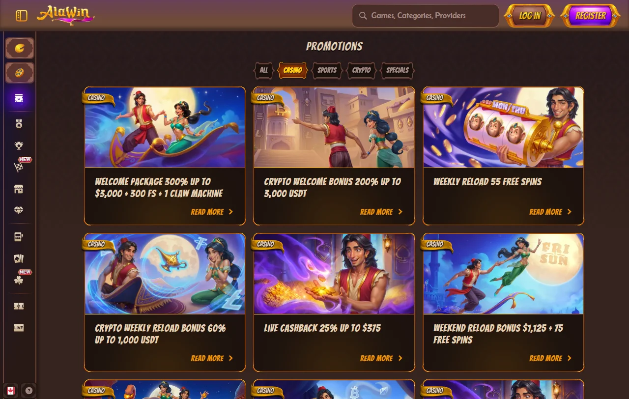 Spielelobby von Alawin mit Slots von Pragmatic Play und Hacksaw Gaming
