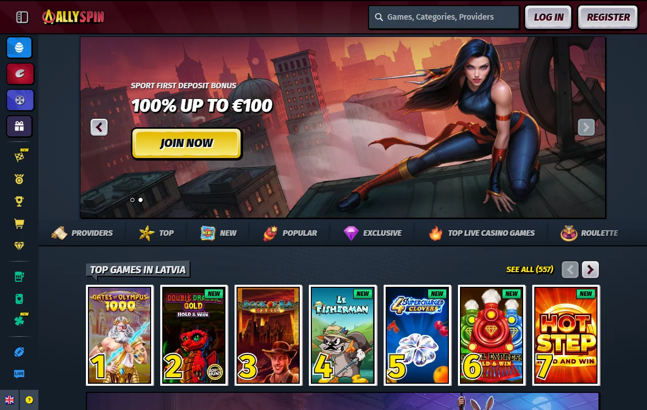 Startseite von Allyspin Casino mit Überblick über Spiele und Aktionen