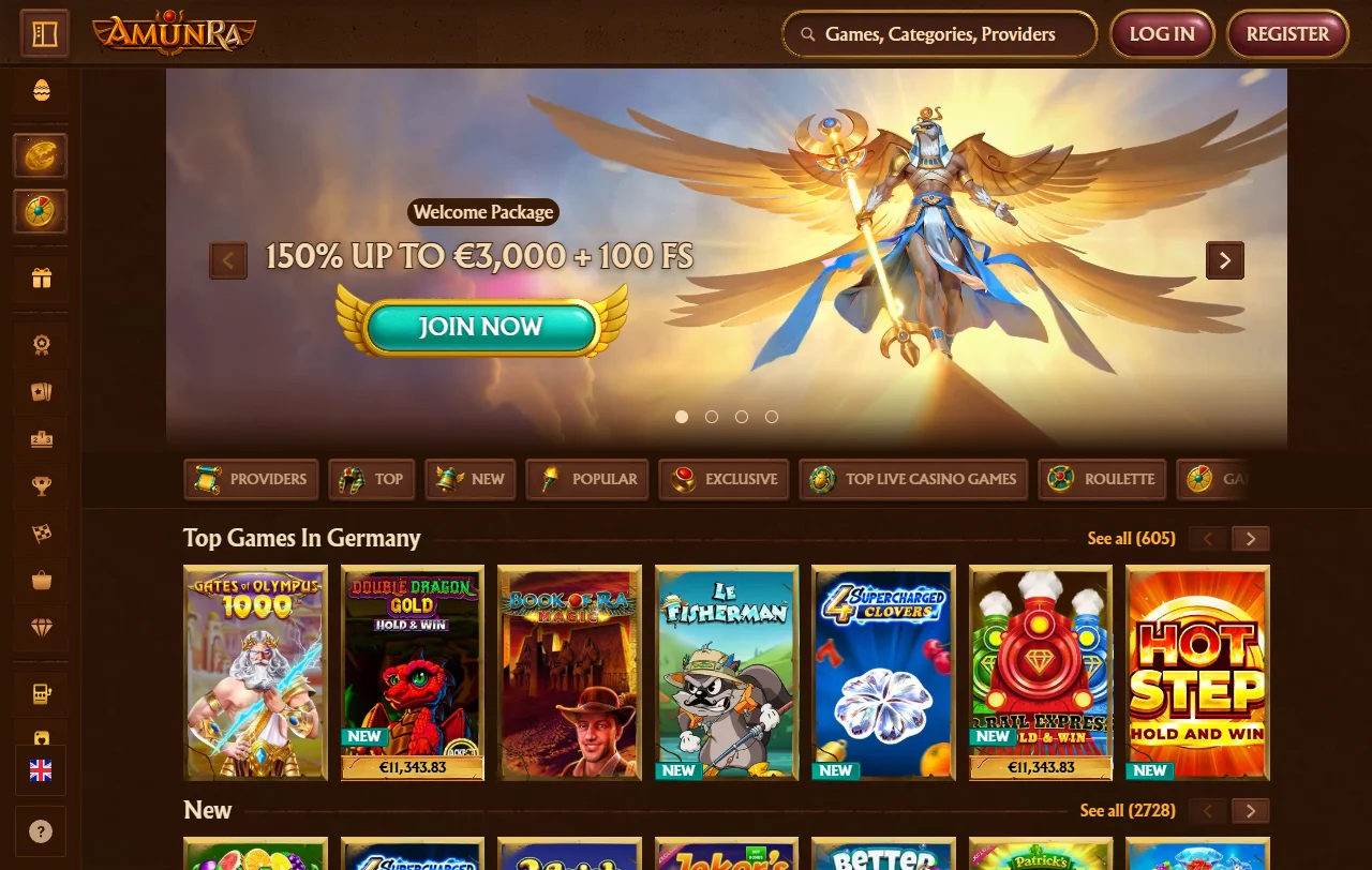 Startseite von AmunRa Casino mit ägyptischem Design, Casino und Sportwetten