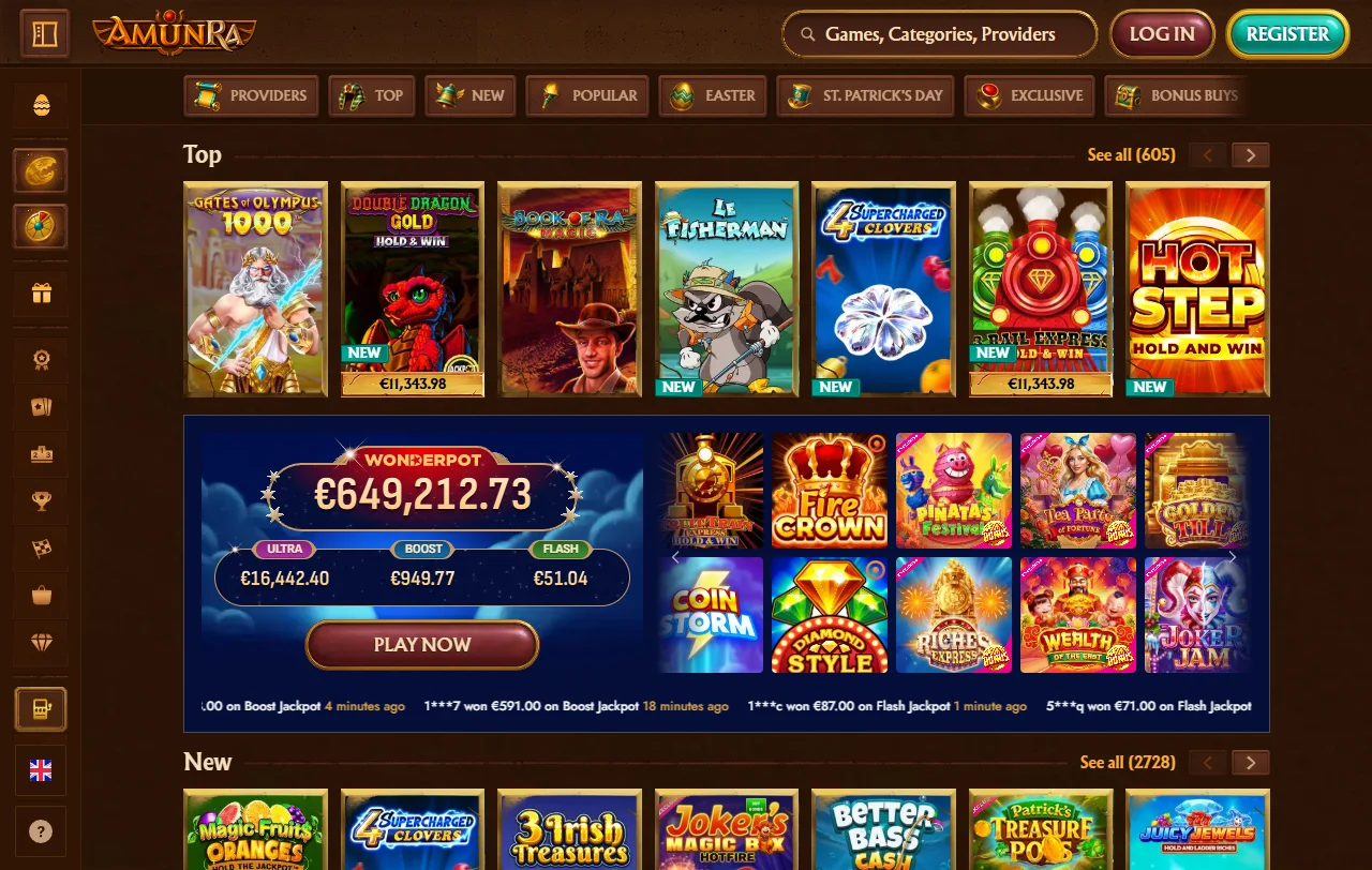 Aktionsseite von AmunRa Casino mit Willkommenspaket und Cashback für Österreich