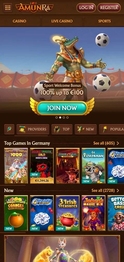AmunRa Casino im mobilen Browser mit angepasster Spieleauswahl am Smartphone