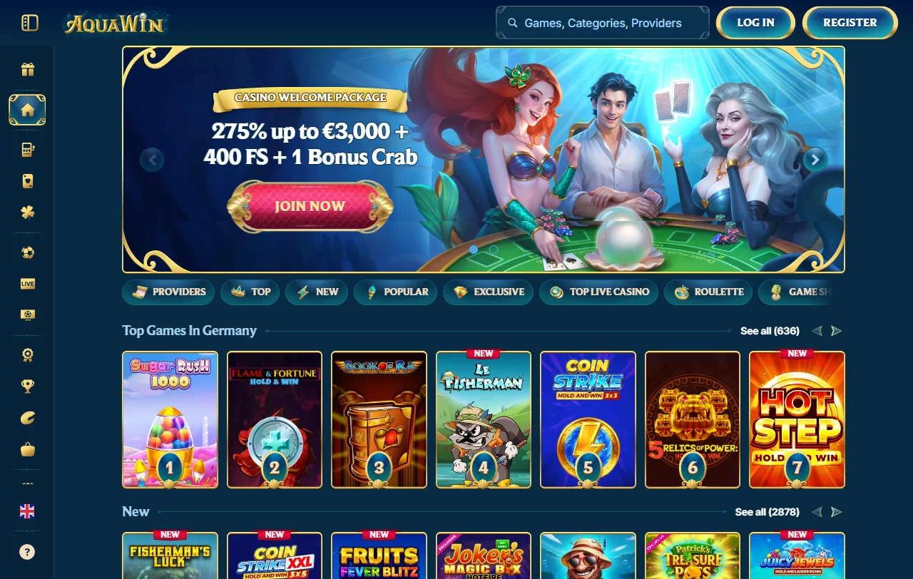 Aquawin Casino Startseite mit Unterwasser-Design und aktuellem Willkommenspaket für Neukunden