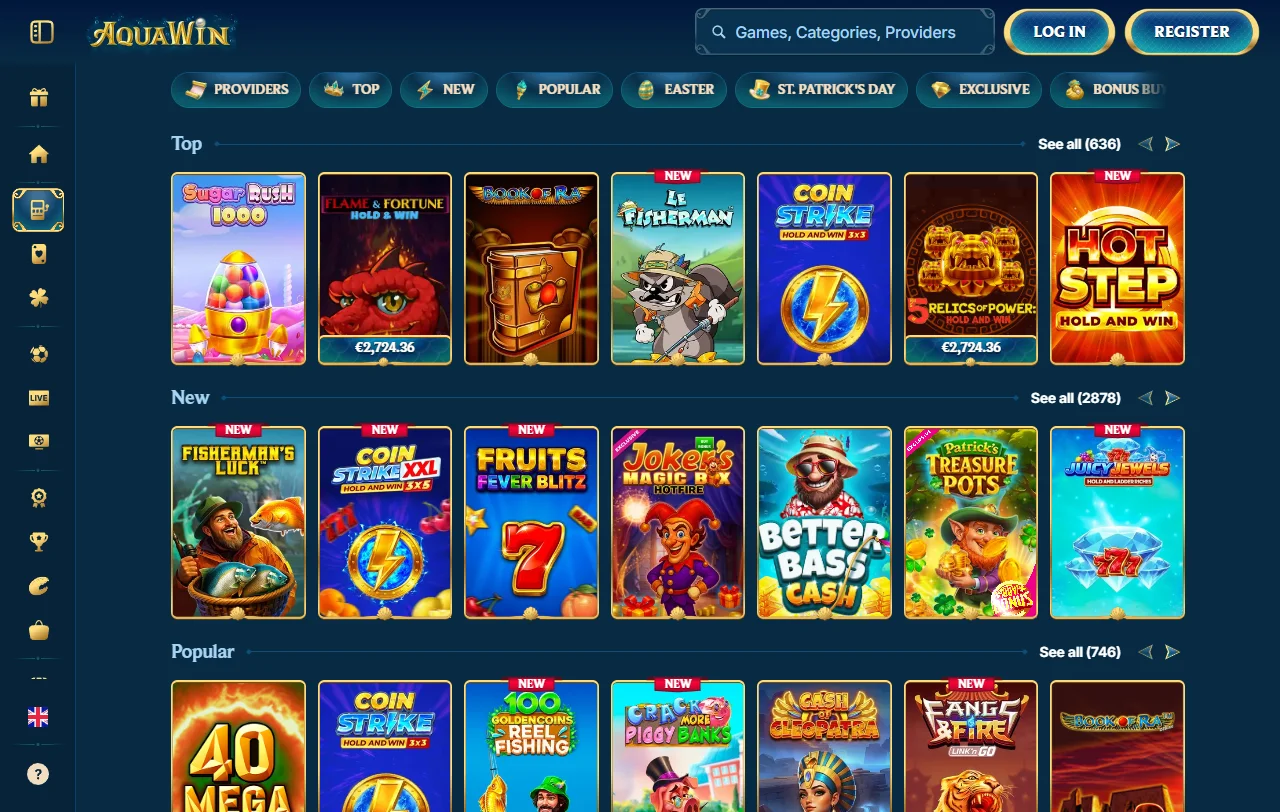 Spielauswahl bei Aquawin Casino mit Slots von Novomatic, Amatic und Pragmatic Play
