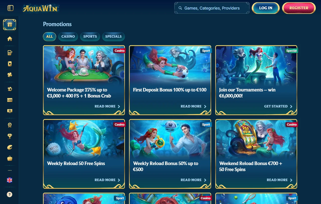 Willkommensbonus bei Aquawin Casino mit bis zu 3.000 Euro und 400 Free Spins