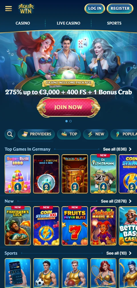 Aquawin Casino im mobilen Browser auf dem Smartphone ohne eigene App