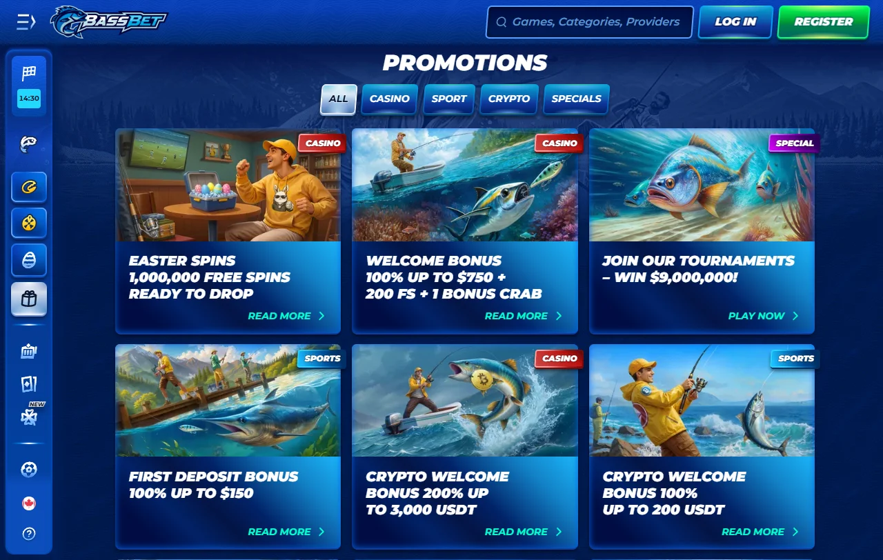 BassBet Casino Willkommensbonus 100 % bis 500 € mit 200 Freispielen und Bonus Crab