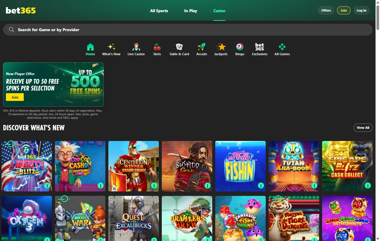 bet365 Casino Startseite mit Überblick über Casino, Live-Casino und Sportwetten
