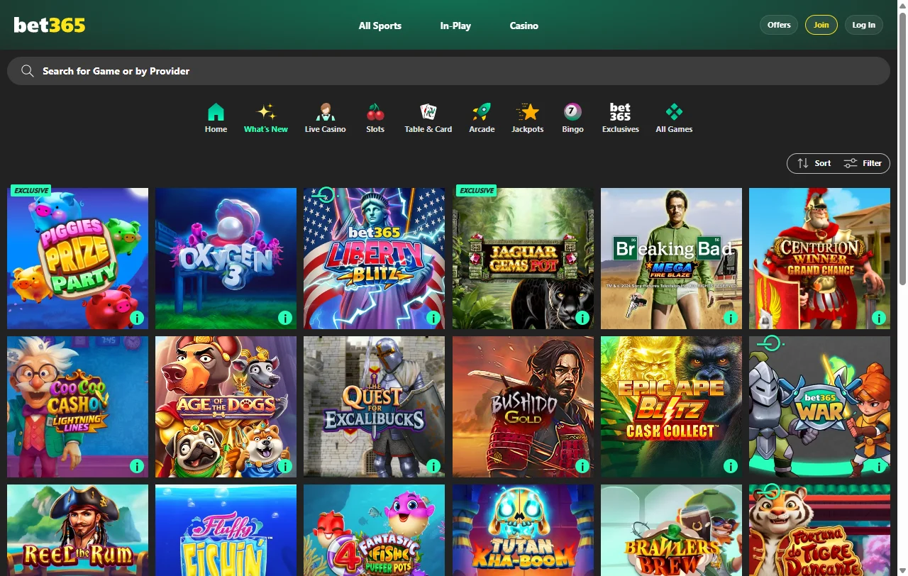 Spielbibliothek im bet365 Casino mit Slots von Playtech und Pragmatic Play