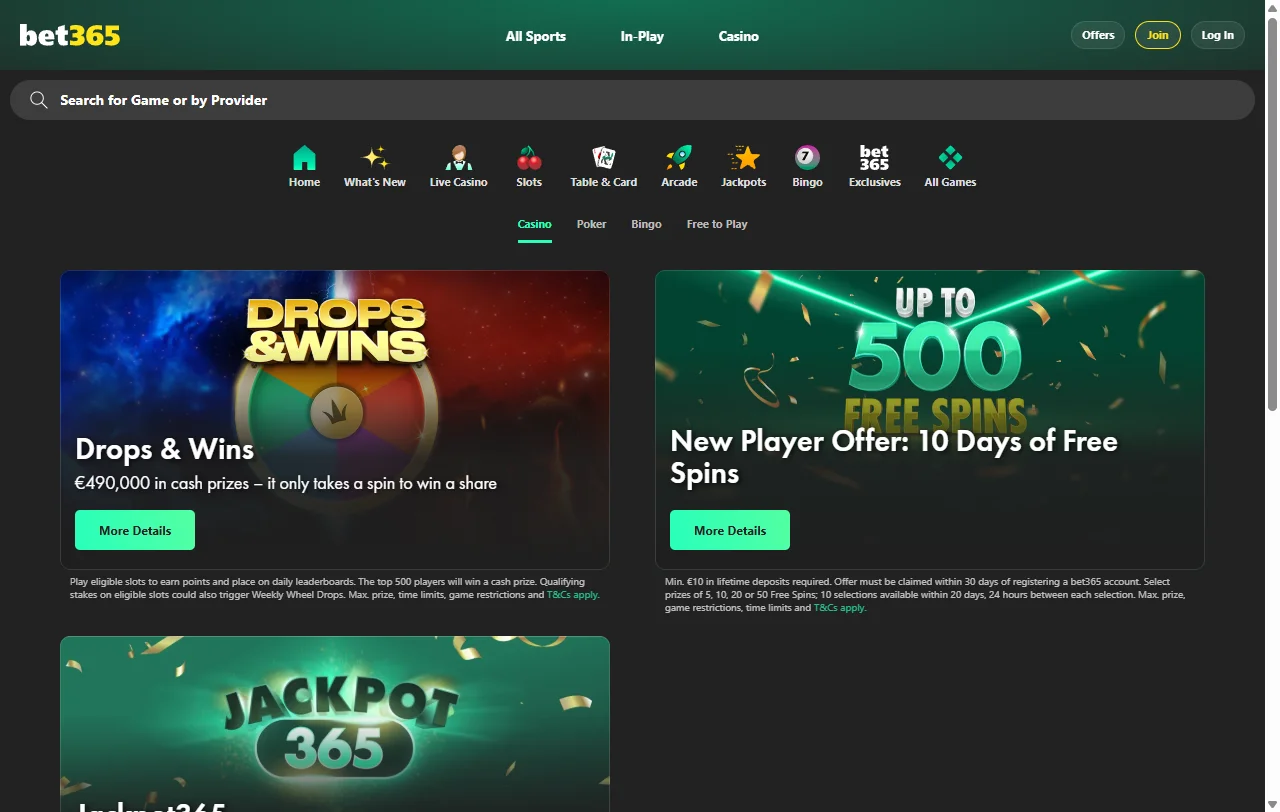Willkommensangebot bei bet365 mit bis zu 500 Freispielen über zehn Tage