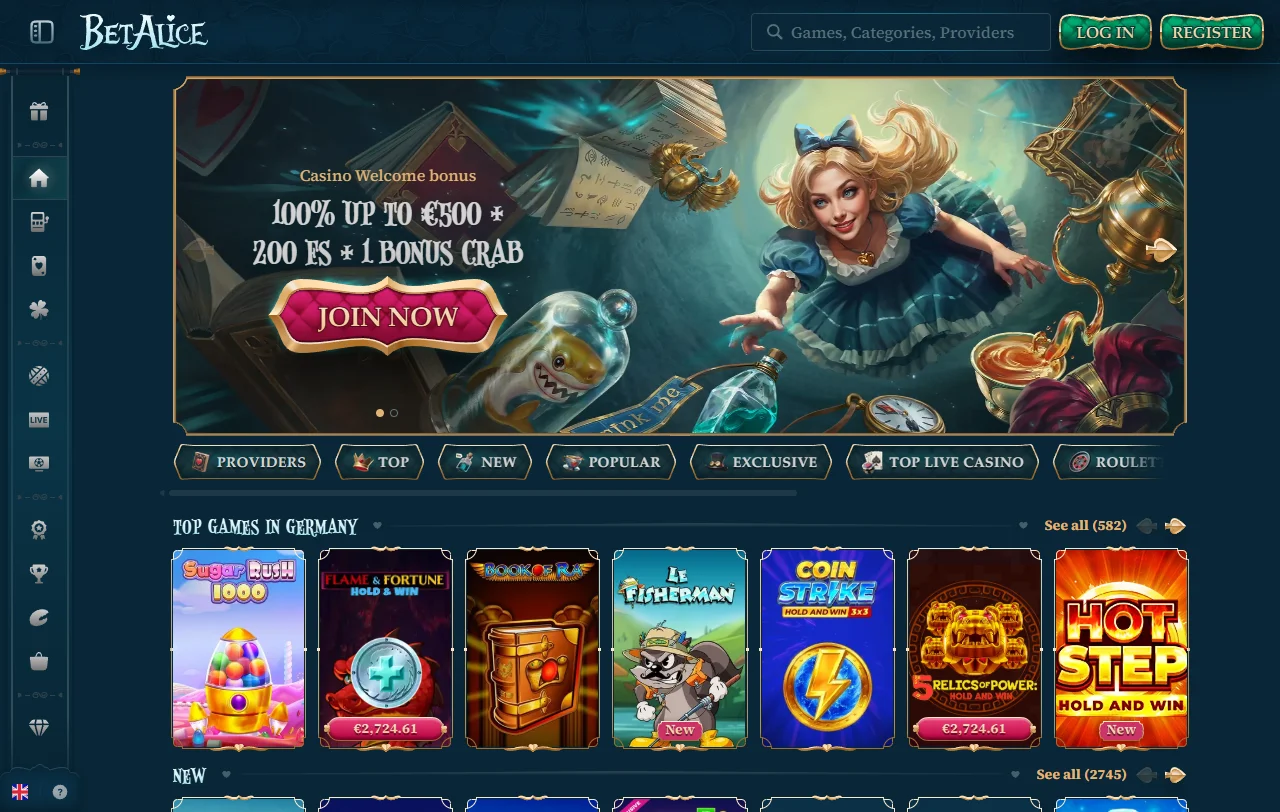 BetAlice Casino Startseite mit Casino und Sportwetten für Spieler aus Österreich