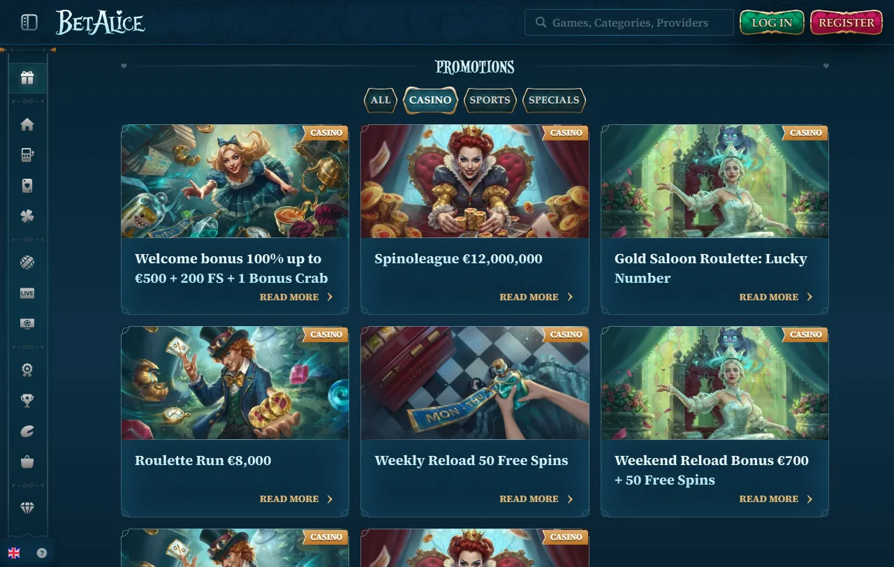 Spielbibliothek von BetAlice Casino mit Slots von Pragmatic Play und Novomatic