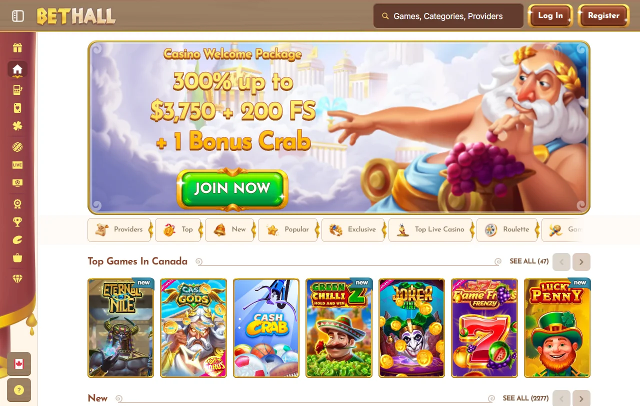 BetHall Casino Startseite mit Bereichen für Casino, Live Casino und Jackpots