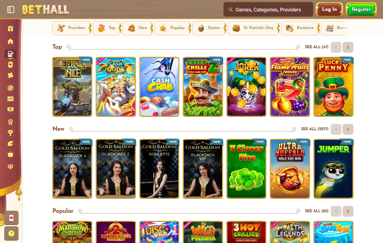 BetHall Spielkatalog mit Slots von Novomatic, Merkur und Play