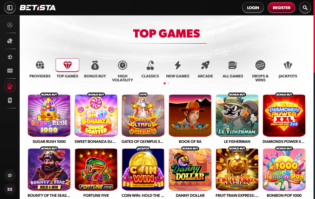 Betista Casino Spielauswahl mit Slots von Novomatic, Pragmatic Play und Hacksaw