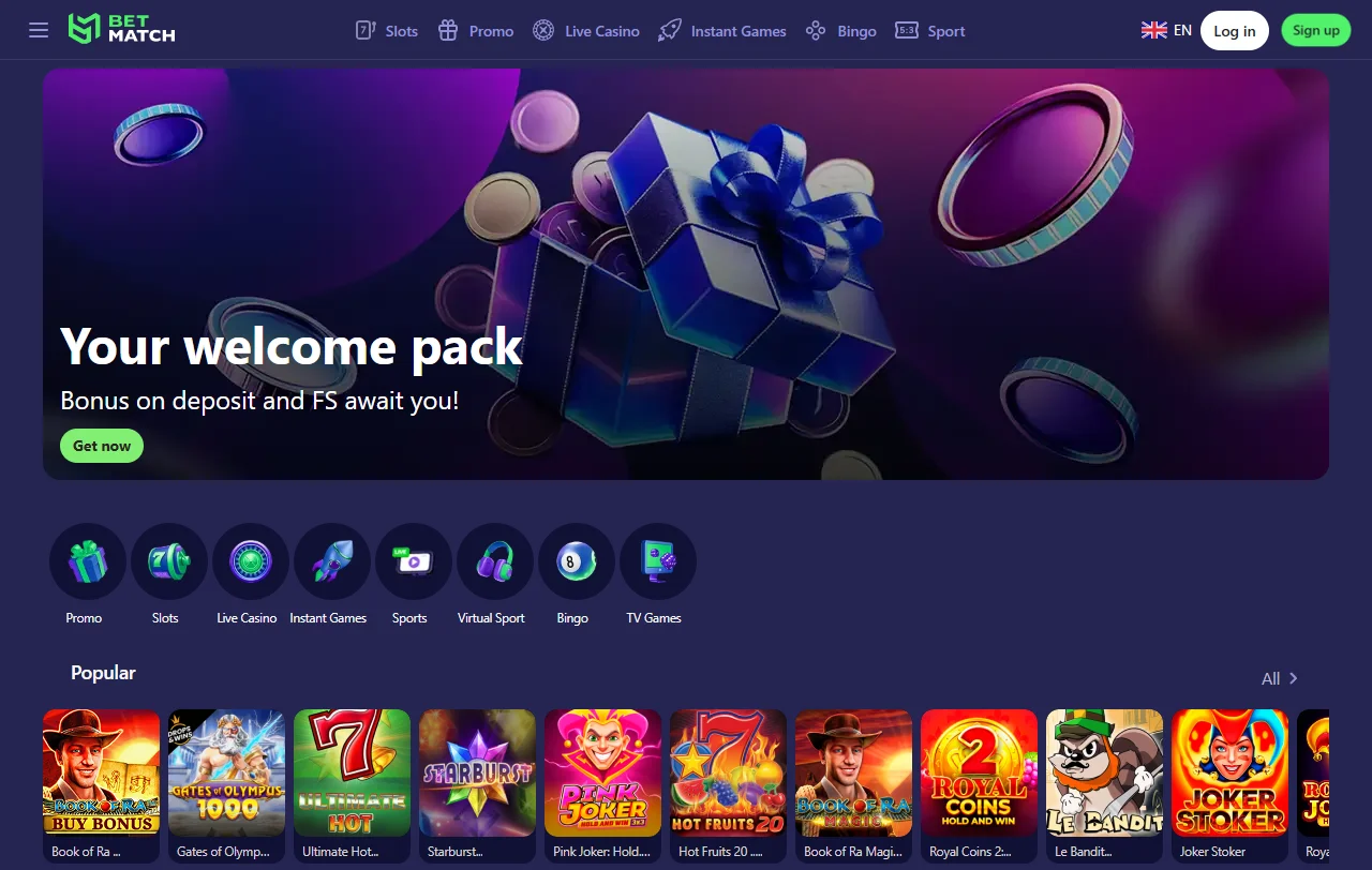Startseite von Betmatch Casino mit Casino- und Sportwettenbereich auf einem Konto