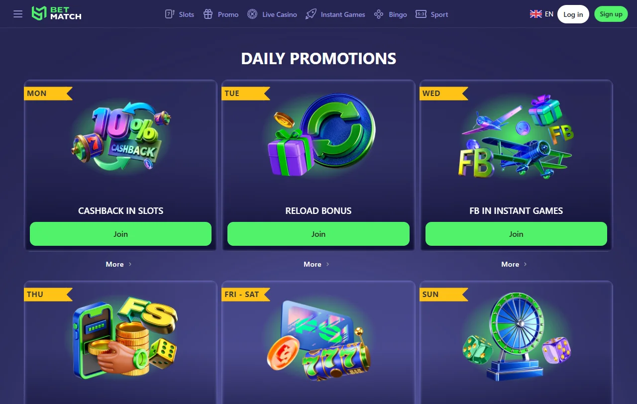 Spielkatalog von Betmatch Casino mit rund 9.000 Slots, Live-Tischen und Crash-Spielen