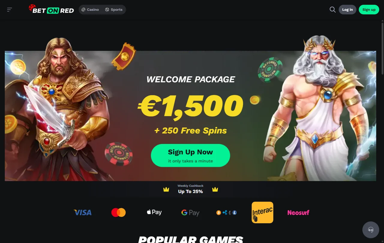 BetOnRed Casino Startseite mit Spielkategorien, Sportwetten und Aktionen für Österreich