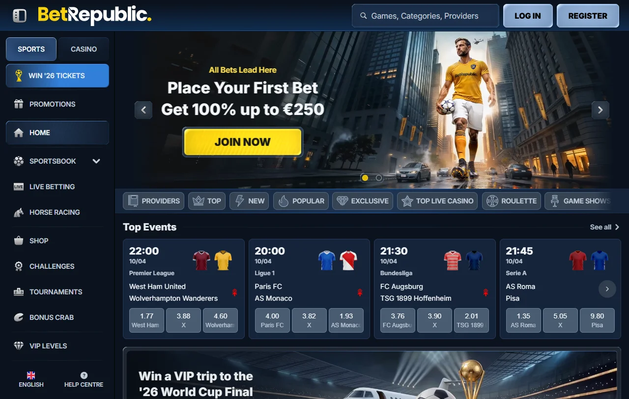 BetRepublic Casino Startseite mit Casino- und Sportwettenbereich unter einem Konto