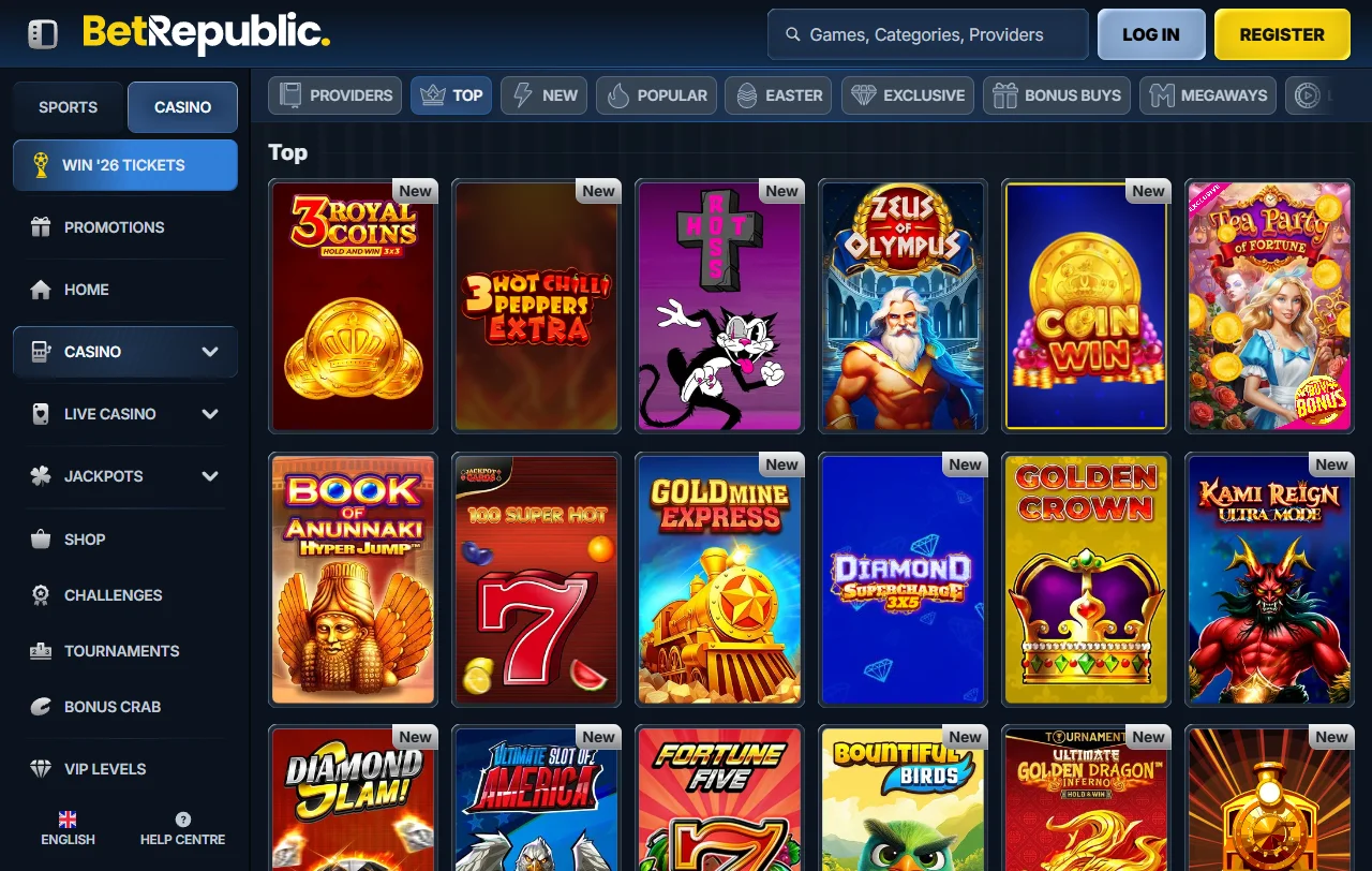 Spielauswahl bei BetRepublic Casino mit über 9.000 Slots und Live-Tischen