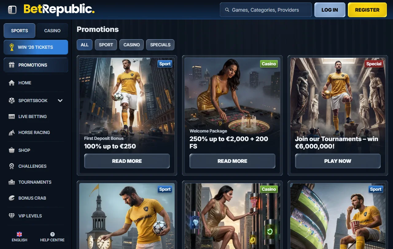 Willkommenspaket bei BetRepublic Casino mit bis zu 2.000 € und 200 Freispielen