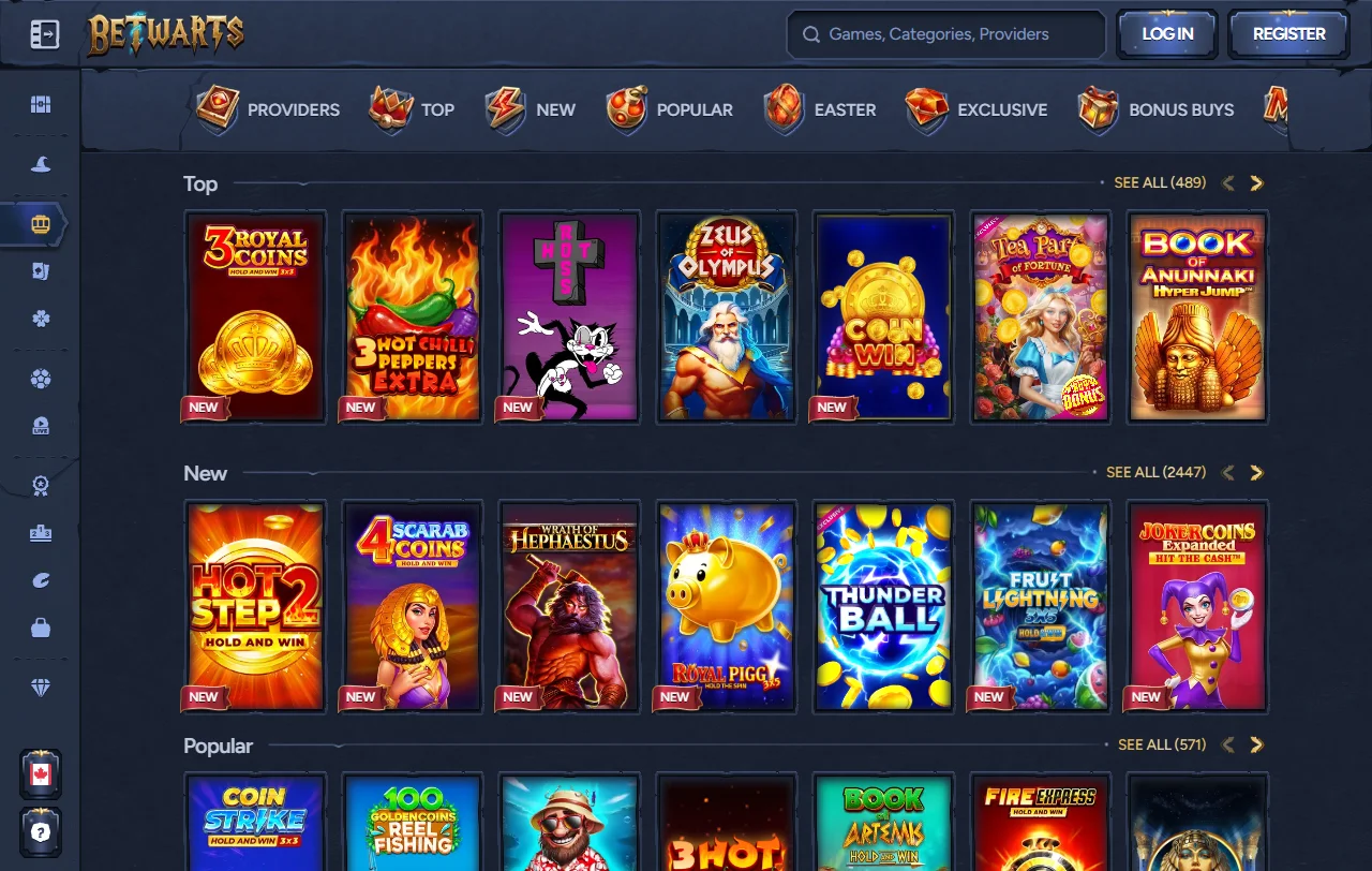 Spielekatalog von Betwarts Casino mit Slots von Novomatic, Pragmatic Play und Evolution