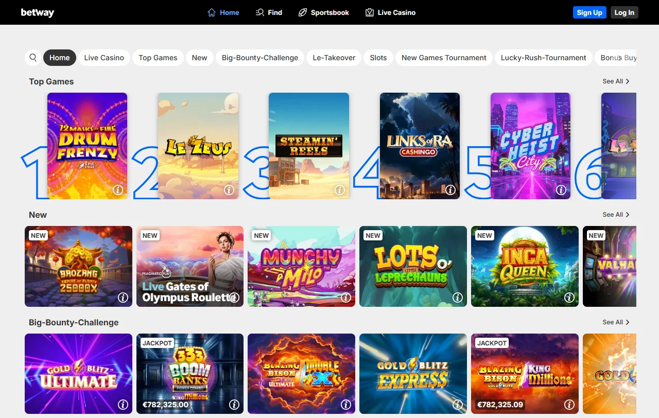 Betway Casino Startseite mit Überblick über Slots und Live-Tische