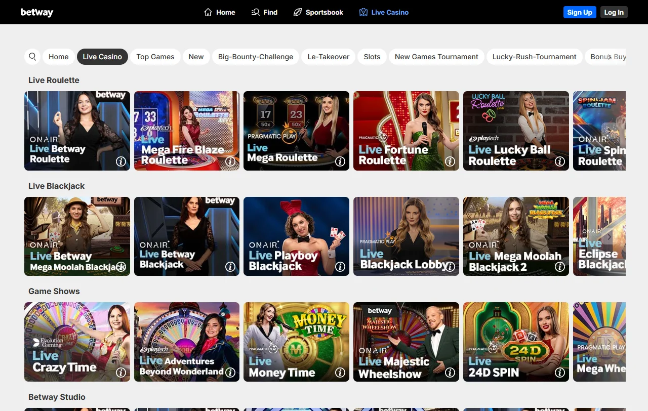 Spielauswahl bei Betway Casino mit Titeln von NetEnt und Pragmatic Play