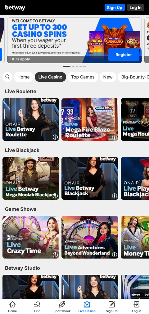 Kassenbereich von Betway Casino mit EPS, Skrill und Neteller am Handy