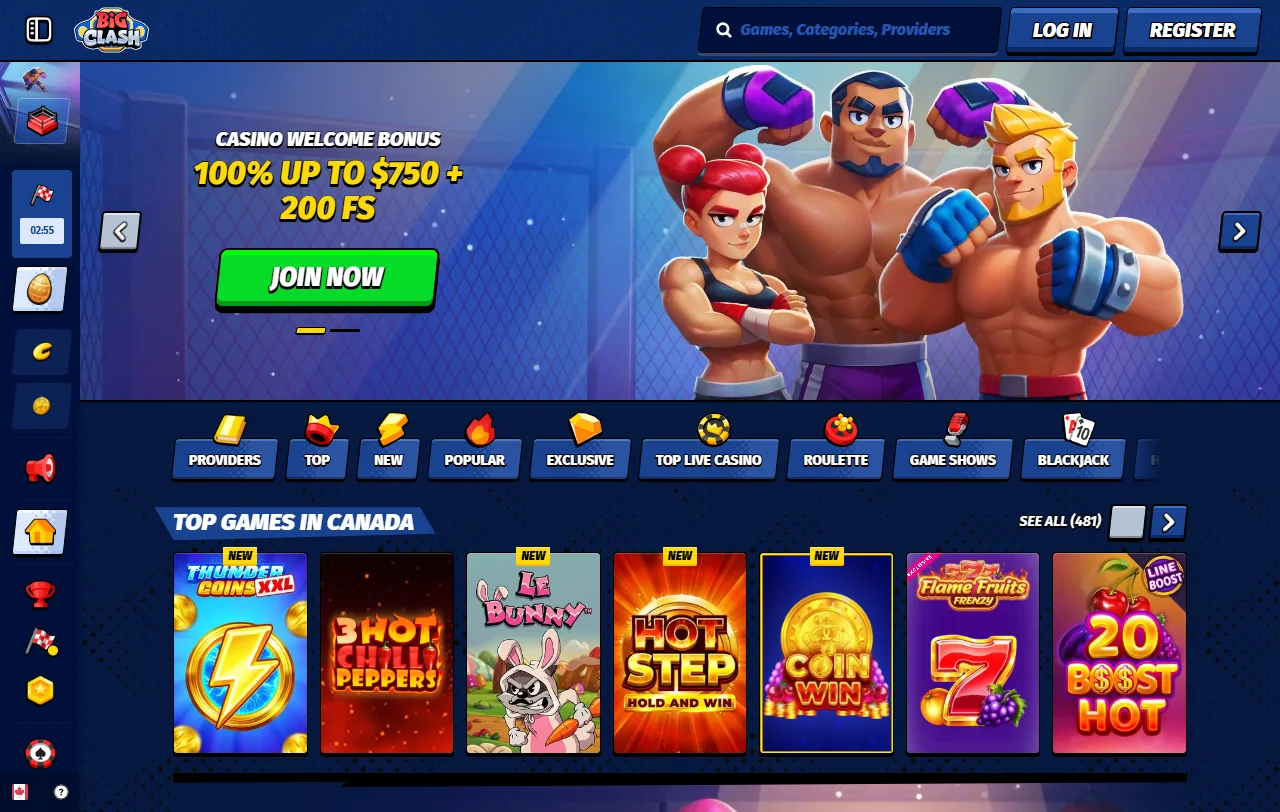 BigClash Casino Startseite mit MMA-Design, Casino und Sportwetten im Überblick