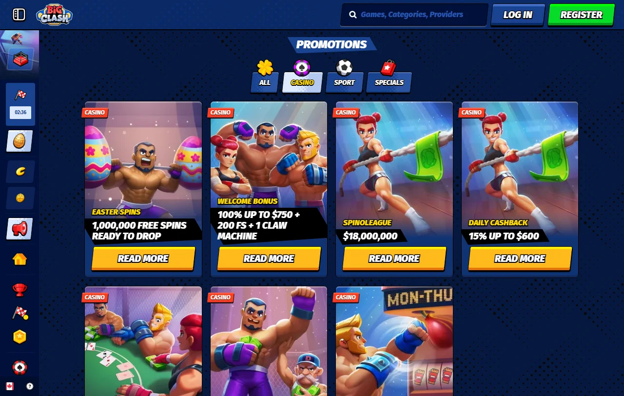 Spielelobby von BigClash Casino mit Slots, Megaways und Jackpots von über 80 Studios
