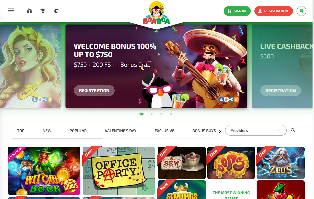BoaBoa Casino Startseite für österreichische Spieler mit Willkommensbonus und Jackpot-Anzeige