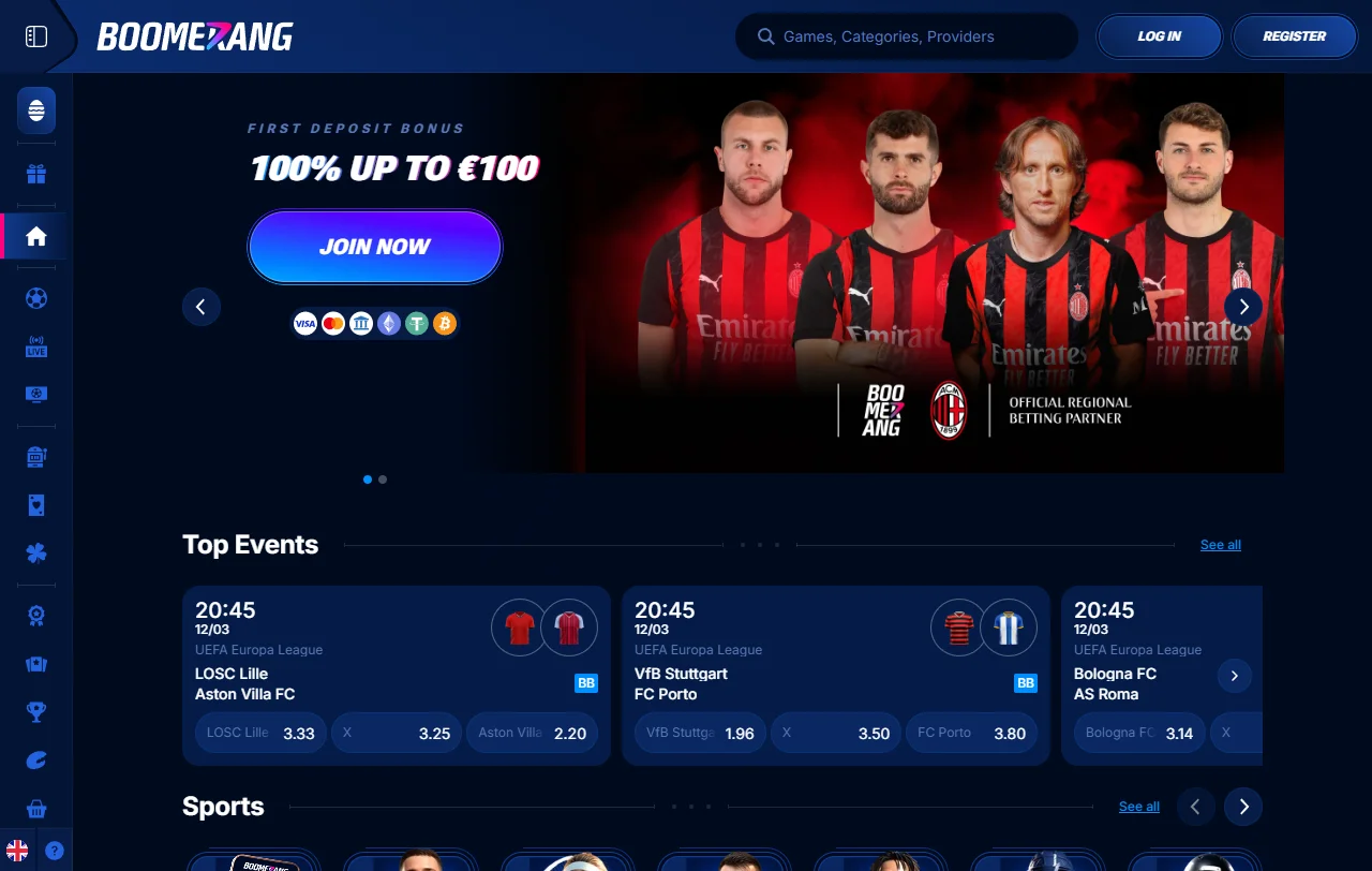 Startseite von Boomerang Casino mit Spielbereich und Sportwetten im Überblick