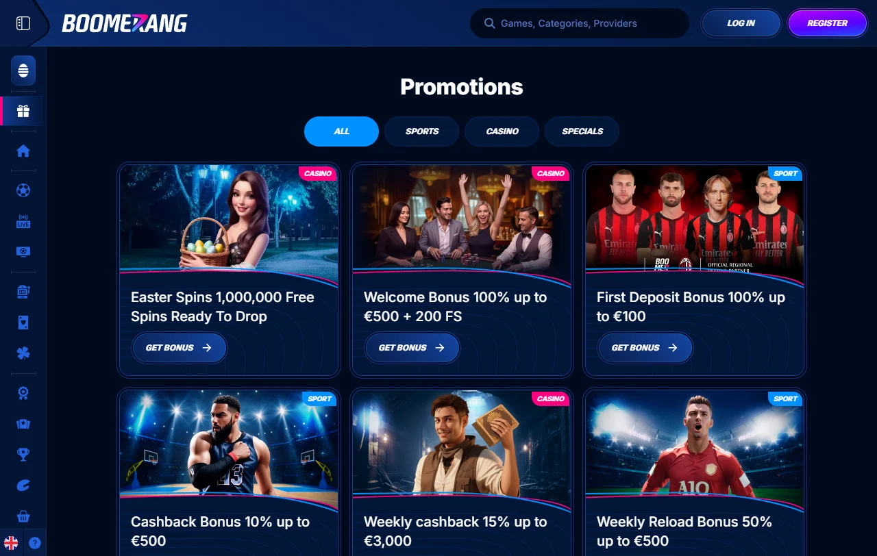 Spielbibliothek von Boomerang Casino mit Slots von Pragmatic Play und NetEnt