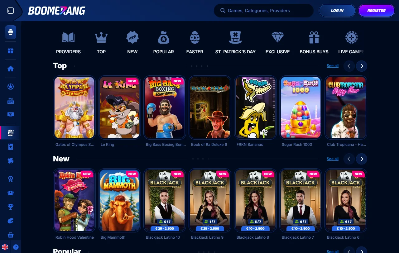 Willkommensbonus von Boomerang Casino mit 100 % bis 500 € und Free Spins