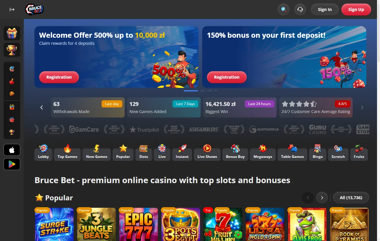 Startseite von BruceBet Casino mit Überblick über Lobby, Aktionen und Kontobereich