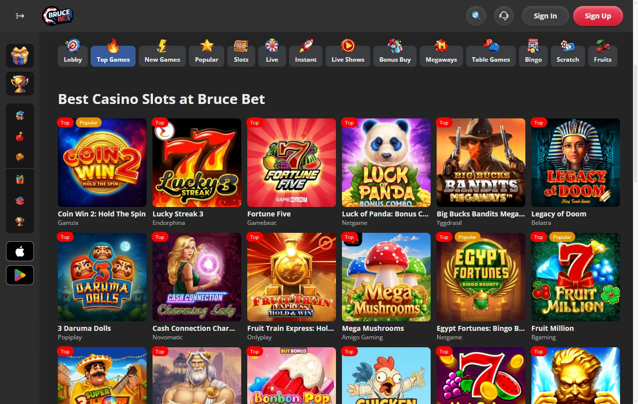 Spielauswahl bei BruceBet mit Slots von Pragmatic Play, Yggdrasil und Wazdan